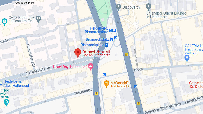 Karte mit Position der Praxis Kieferorthopädie Dr. Sohani in Heidelberg